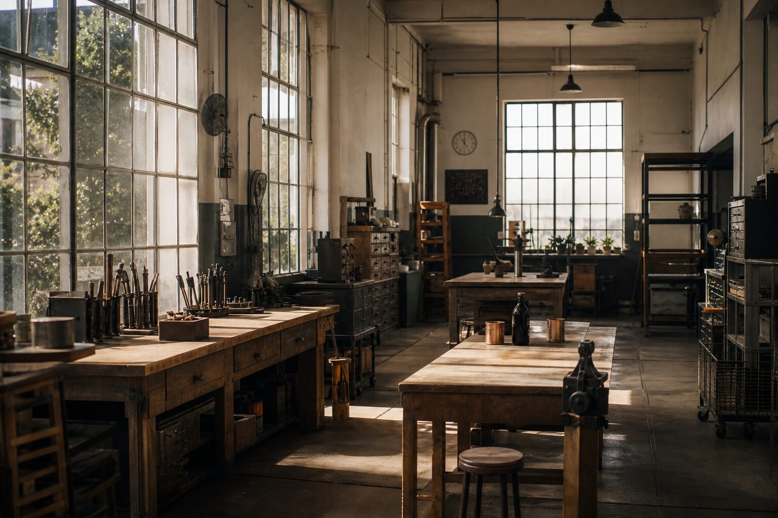 Warm natural light fills an unbranded working environment with workshop character.