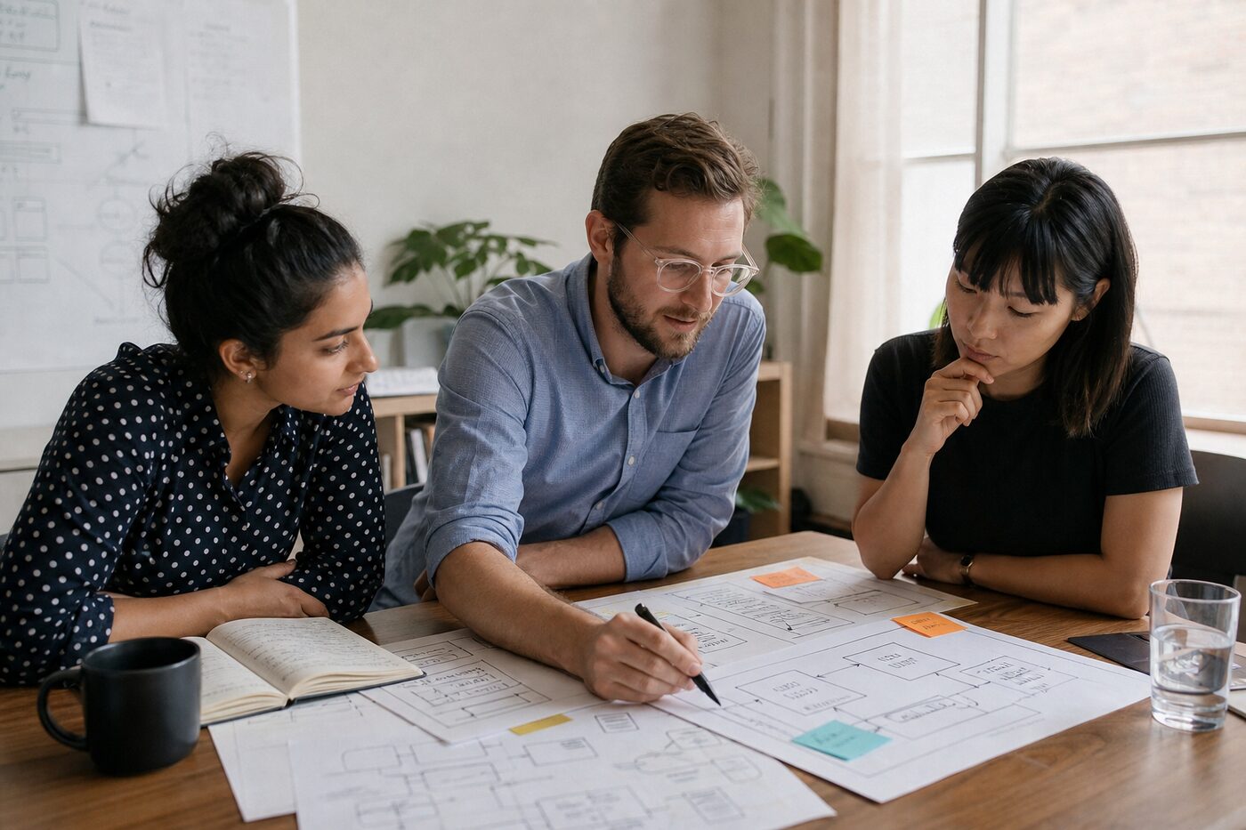 Three colleagues discuss printed process artefacts around a table in an ordinary meeting space.