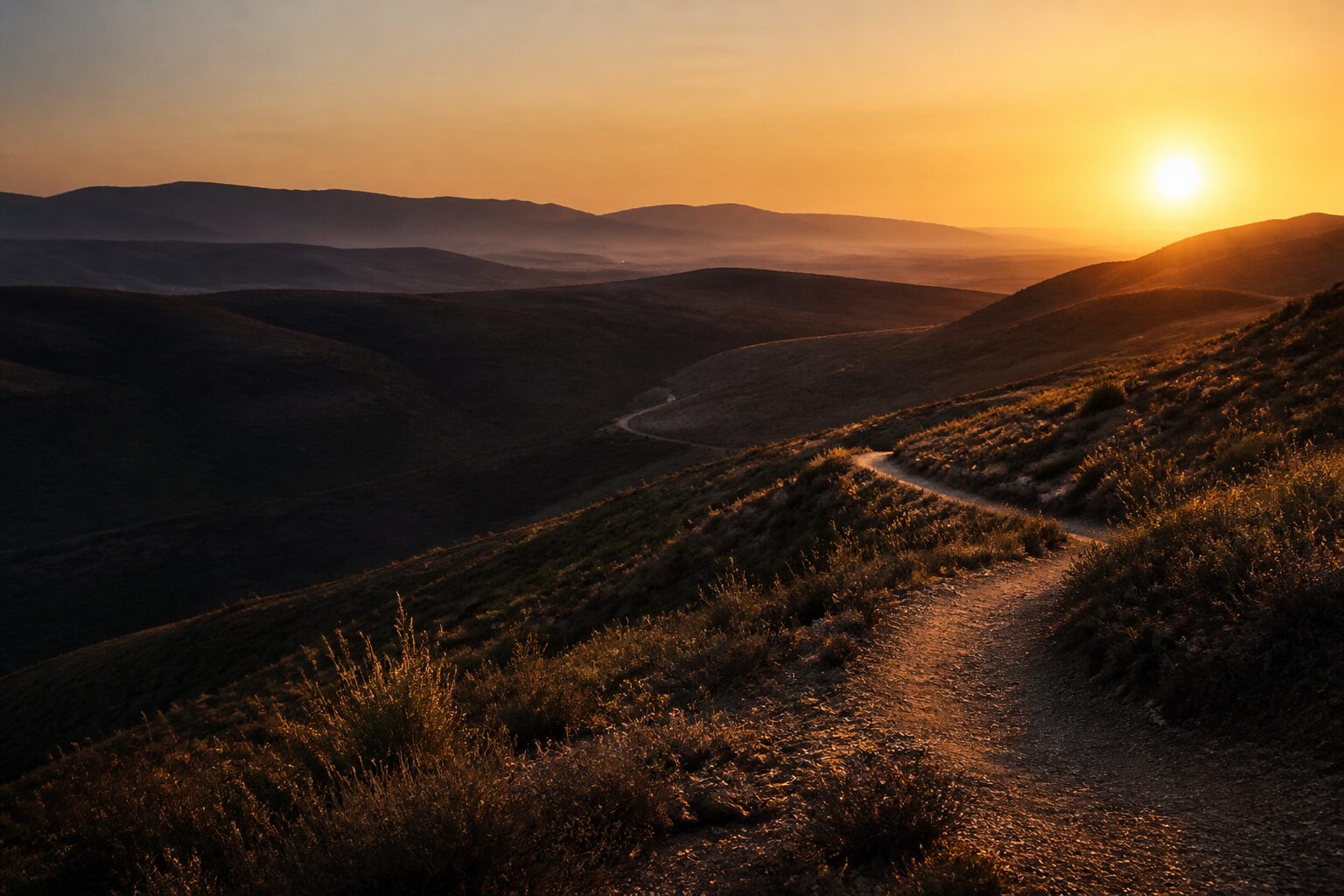 A winding path moves through warm hills toward a copper sun under an ink-toned sky.