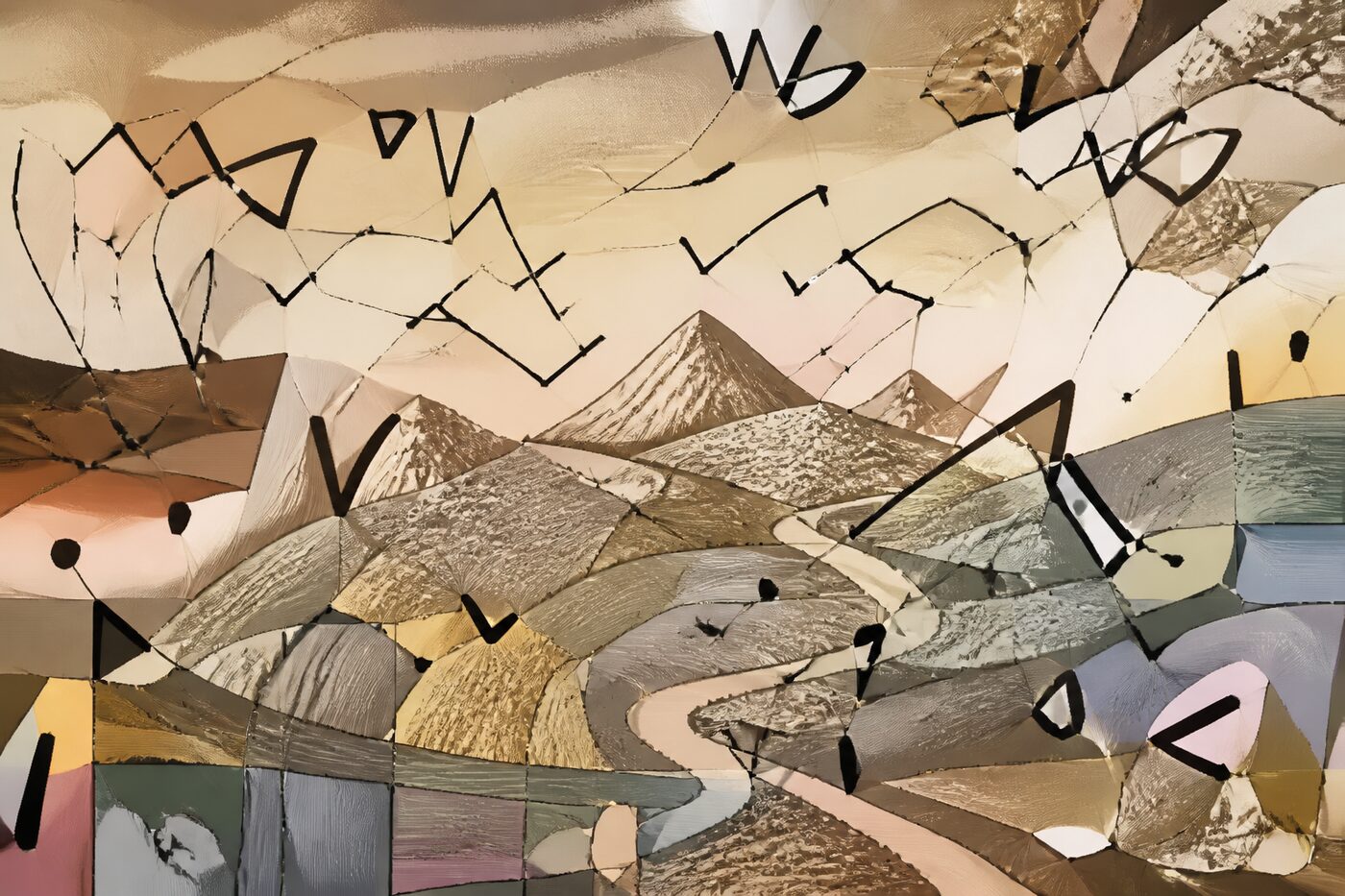 A winding path joins a broad environment beneath a copper sun.