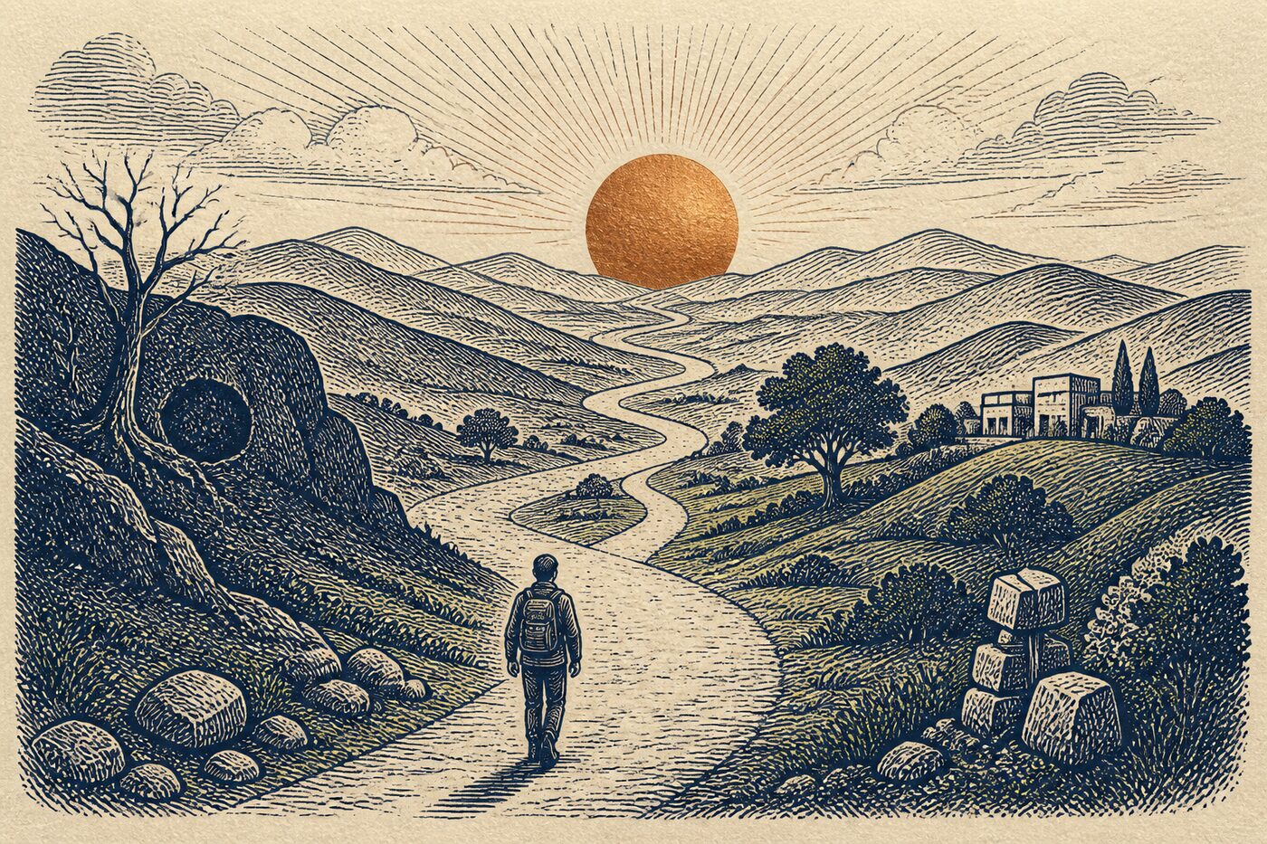 A clear copper route runs through a layered landscape.