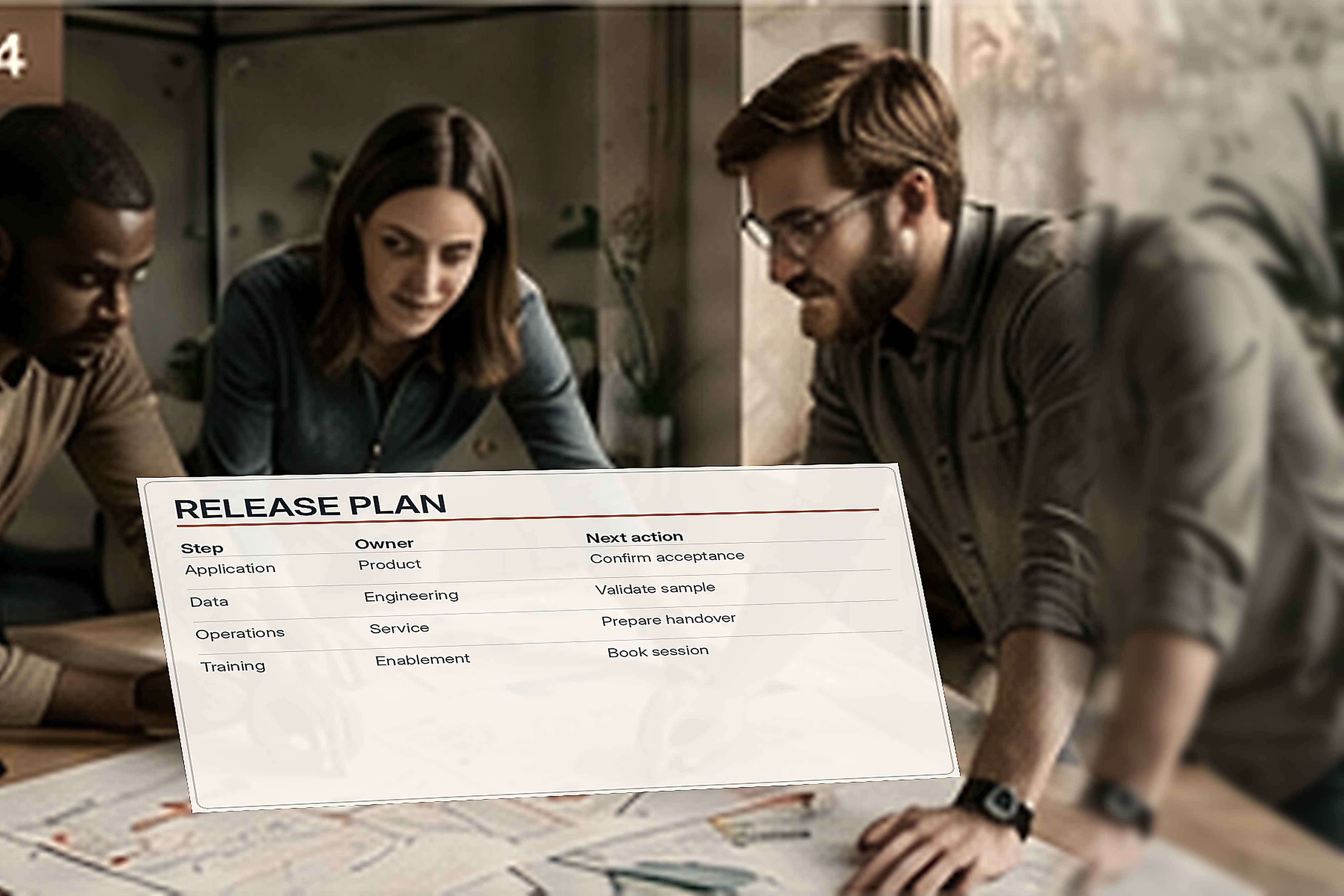 A small team works candidly around shared plans and printed material.